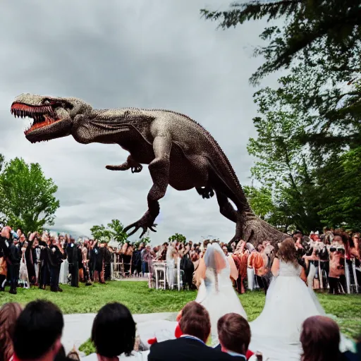 Prompt: tyrannosaurus rex attacks during ceremony, wedding photos, detailed, 4k