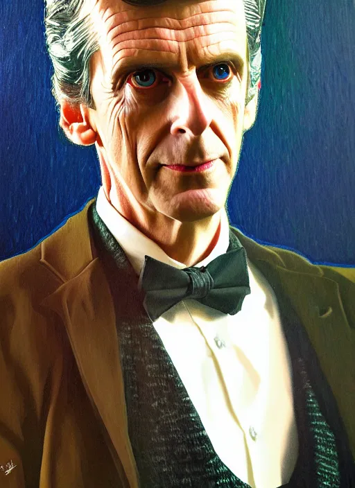 Prompt: oil portrait of the twelfth doctor from doctor who, intricate, elegant, highly detailed, lighting, painting, artstation, smooth, illustration, art by greg rutowski and alphonse mucha