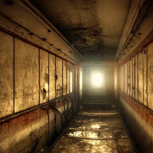 Image similar to inside an narrow corridor of an abandonned ussr uboat, very dark lighting with very small light beams, comming, concept art, 4 k, hd, art station trending, sergii ivanchenko, sharp and highly detailed