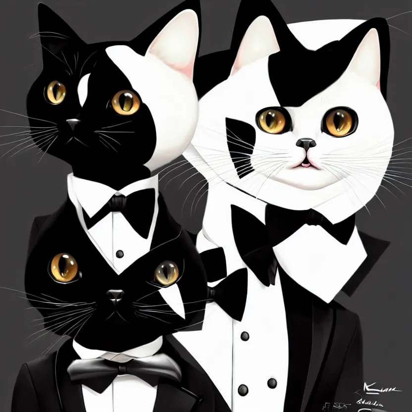 Image similar to slim cruel business humanoid cat in tuxedo with black bob hair, elegant, 2 d, ultra highly detailed, digital painting, smooth, sharp focus, artstation, art by ilya kuvshinov!