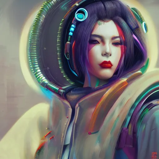 Image similar to a portrait of a cyberpunk geisha sorceress, warcore, sharp focus, detailed, artstation, concept art, 3 d + digital art, wlop style, biopunk, neon colors, futuristic