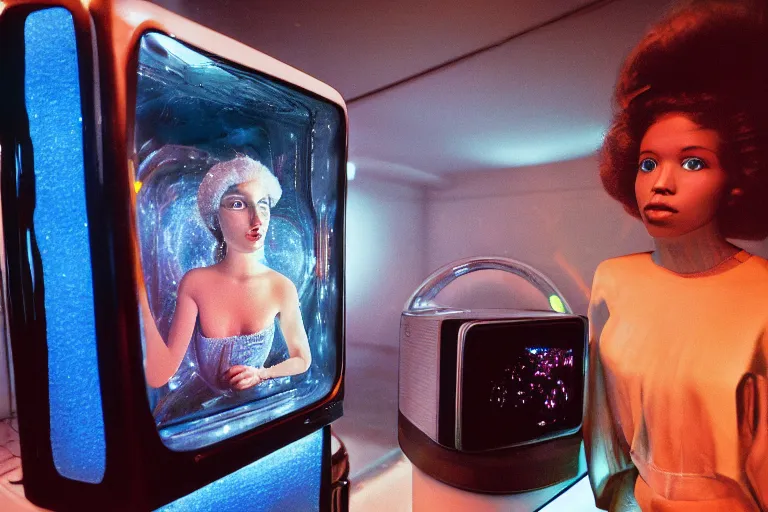 Image similar to beautiful woman robot sitting inside of a galaxy fridge, from 1985, bathed in the glow of a crt television, crt screens in background, low-light photograph, in style of Tyler Mitchell