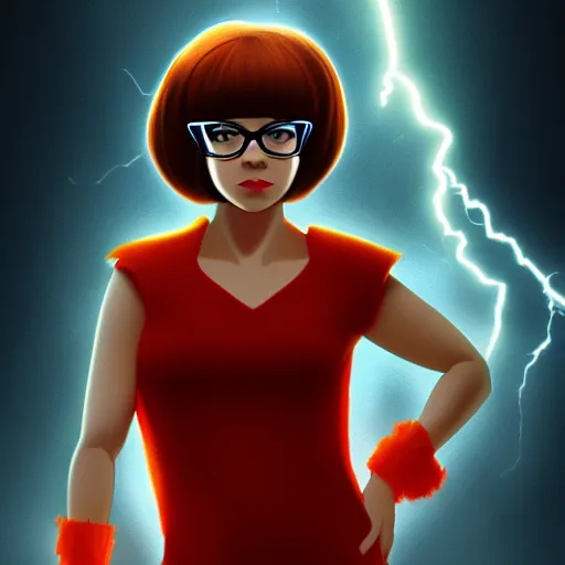 Image similar to Velma from scooby doo, 4k, trending on artstation, dramatic lightning, highly detailed, cinematic, illustration,