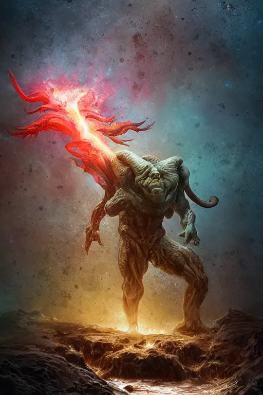 Prompt: a huge muscular demon with ram's horns and glowing eyes emerges from a pond on rocky alien world, water splashing cascading, alien flora and fauna, space background nebula nasa, by ruan jia, jack kirby, norman rockwell, wayne barlow, sergey krasovskiy, zdzislaw beksinski, artstation 3 d render character creature