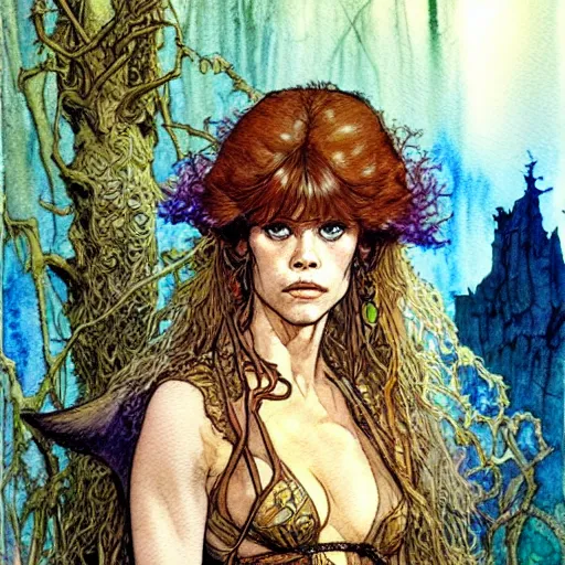 Prompt: a realistic and atmospheric watercolour fantasy character concept art portrait of a young jane fonda as a druidic warrior wizard looking at the camera with an intelligent gaze by rebecca guay, michael kaluta, charles vess and jean moebius giraud