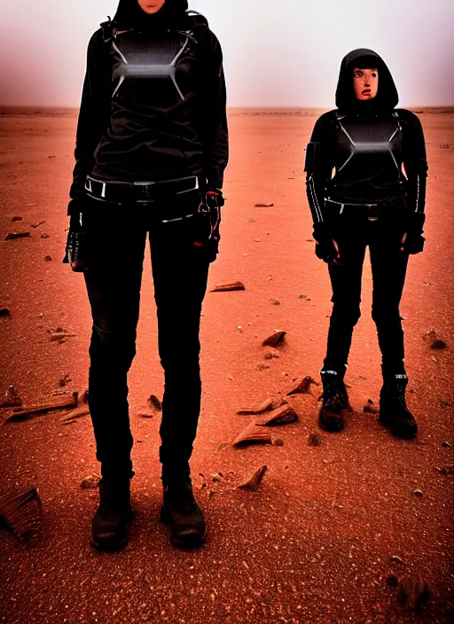 Image similar to cinestill 5 0 d photographic portrait of two female android lovers wearing rugged black techwear on a desolate plain with a red sky, extreme closeup, lizard on ground, cyberpunk style, in front of a brutalist dark metal facility, dust storm, 8 k, hd, high resolution, 3 5 mm, f / 3 2, ultra realistic faces