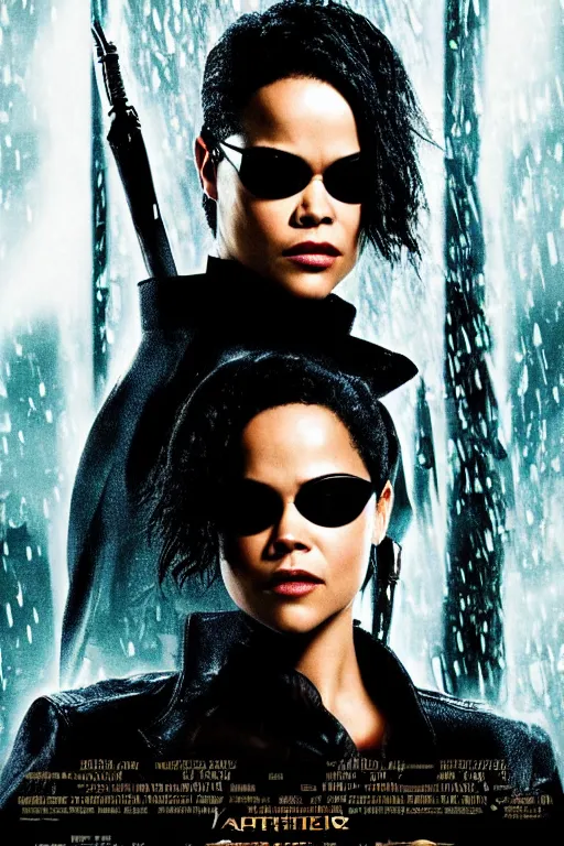 Prompt: a movie poster portrait taken from the new matrix movie featuring ( tessa thompson ) wearing sun glasses and black leather trench coat, matrix symbols and flying debris in the background, extremely detailed, extremely symmetrical facial features, by kevin fiege 8 k