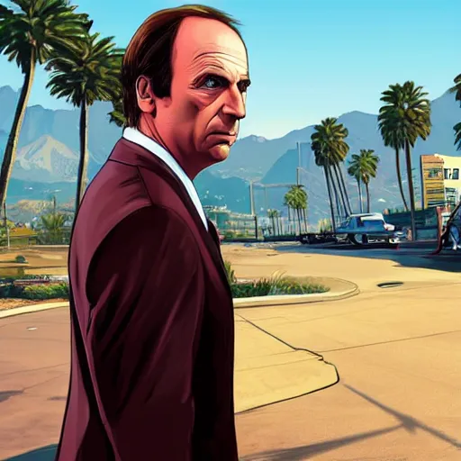 Image similar to Saul Goodman in GTA V . Los Santos in the background, palm trees. In the art style of Stephen Bliss.