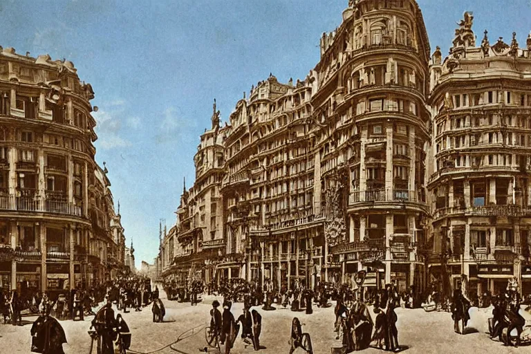 Prompt: The Madrid Gran Vía, steampunk, Victorian era style, 1890 photo, retro futuristic, highly detailed, in colors, hyper realistic