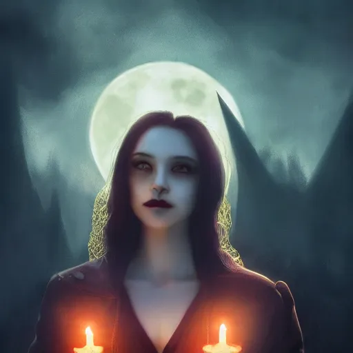 Image similar to Riveting Charismatic female vampire Pandora, portrait, atmospheric lighting, painted, intricate, Highgate cemetery, volumetric lighting, beautiful, moon light, sharp focus, ultra detailed, by Leesha Hannigan, Ross Tran, Thierry Doizon, Kai Carpenter, Ignacio Fernández Ríos