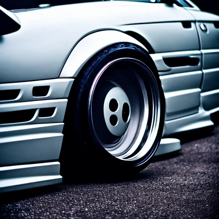 Image similar to close-up-photo BMW E36 illegal meet, cambered wheels, Saitama prefecture, misty midnight, cinematic color, photorealistic, high detailed wheels, highly detailed, custom headlights, subtle neon underlighting