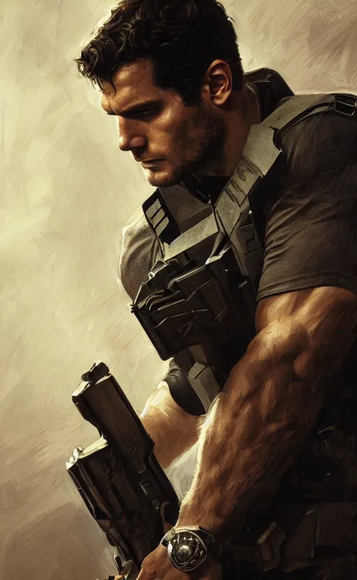 Prompt: portrait of henry cavill as chris redfield, resident evil, pistol, upper body, short sleeve, fantasy, intricate, elegant, highly detailed, digital painting, artstation, concept art, smooth, sharp focus, illustration, art by artgerm and greg rutkowski and alphonse mucha