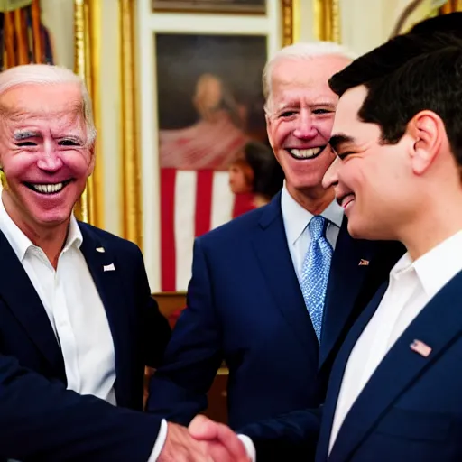 Image similar to high quality photograph of ben shapiro shaking hands with joe biden