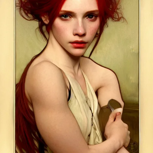 Image similar to portrait of a beautiful girl, red hair, headshot, hyper realistic, pale skin, 4k, rule of thirds, beautiful eyes, extreme detail, detailed drawing, trending artstation, hd, fantasy, D&D, realistic lighting, by Alphonse Mucha, Greg Rutkowski, sharp focus, backlit, elegant