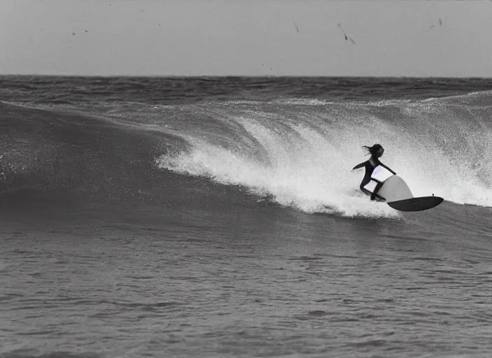 Image similar to color photo of a shark fin in water. surfergirl riding a big wave in the 8 0's