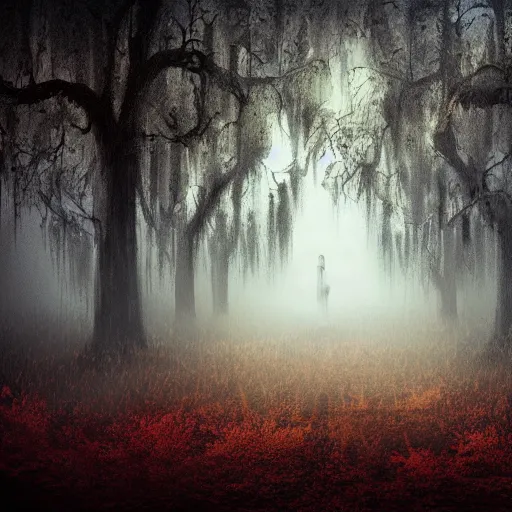 Image similar to concept, artistic swamp with mystic fog, horror movies, art station, mysterious, masterpiece, adams family