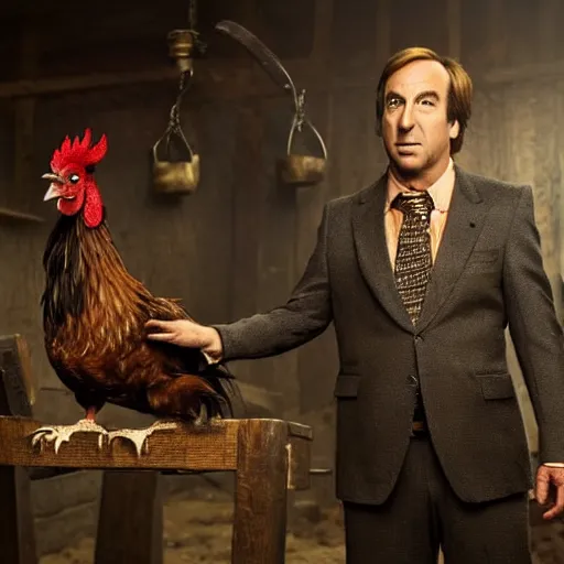 Image similar to saul goodman and a rooster in a medieval torture chamber, saw blades and knives in the background, horror movie, saul goodman!, rooster!!!!, real life photo, highly detailed face