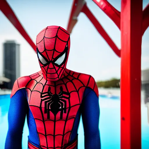 Image similar to 85mm photo of Spider-Man as a life guard at a public pool, dslr photograph