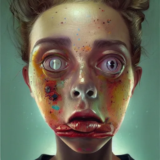 Prompt: a painting of a woman with her eyes open, a surrealist painting by sam spratt, featured on cgsociety, pop surrealism, dystopian art, surrealist, hyper realism