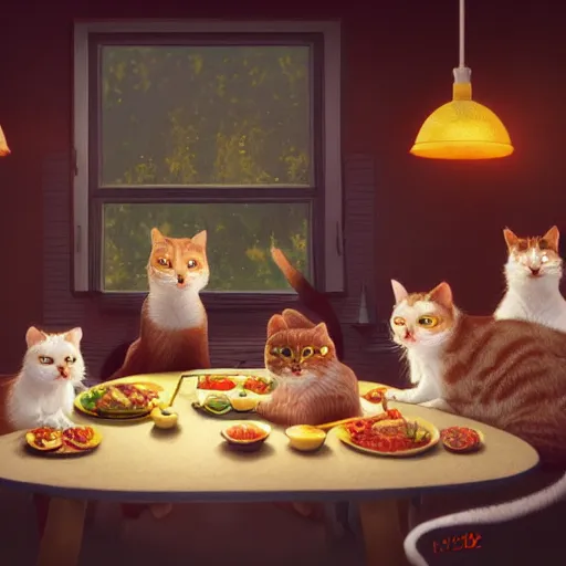 Image similar to family of cats enjoying family dinner, highly detailed, warm colors, friendly, cartoon, hand painted, artstation, concept art, sharp focus, illustration, octane render, award winning, masterpiece, art by studio 4