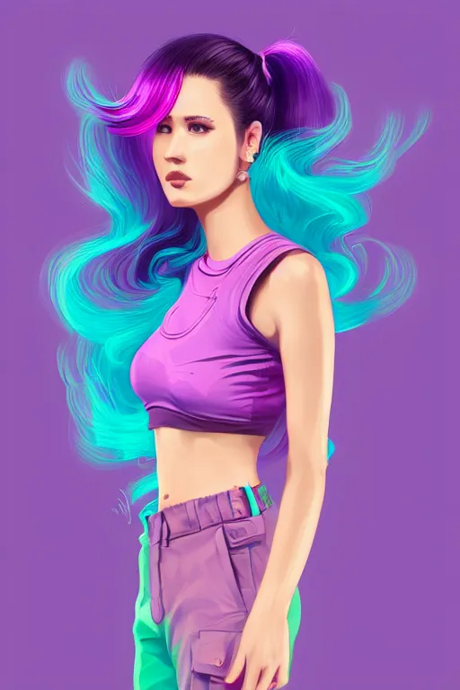 Image similar to a award winning half body portrait of a beautiful woman in a croptop and cargo pants with ombre purple pink teal hairstyle with head in motion and hair flying by wlop, outrun, vaporware, shaded flat illustration, digital art, trending on artstation, highly detailed, fine detail, intricate