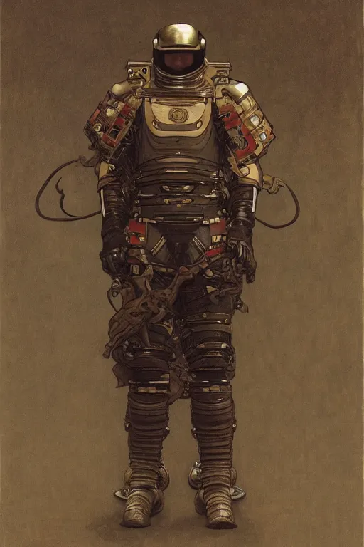 Image similar to a full body art nouveau portrait of a fully armored samurai astronaut bearded man, intricate, elegant, highly detailed, digital painting, artstation, concept art, smooth, sharp focus, illustration, art by John William Waterhouse and William Adolphe Bouguereau and Donato Giancola and Alphonse Mucha