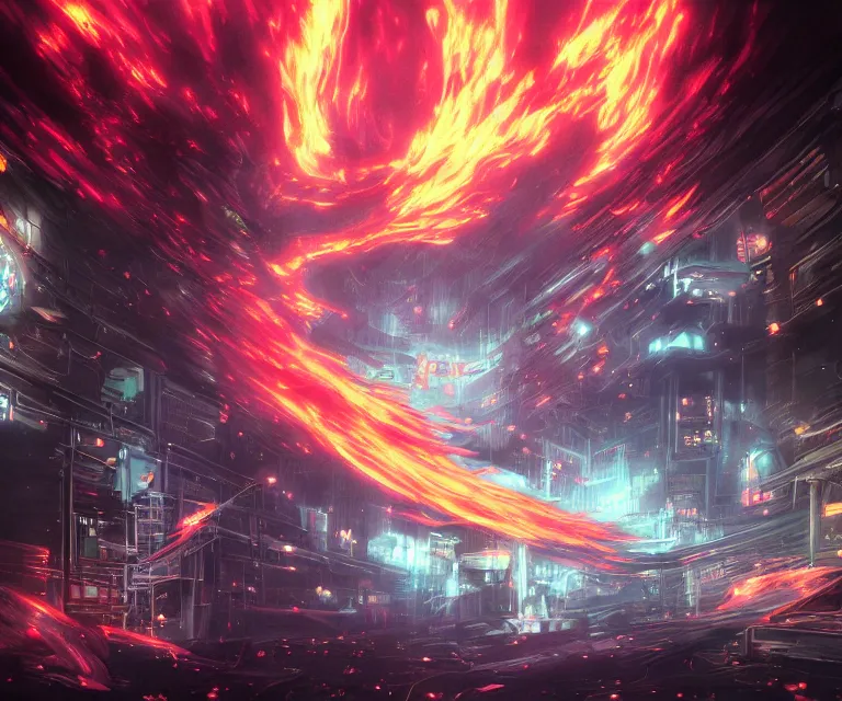 Image similar to neo tokyo, dark fantasy, concept art, video game, phoenix flames