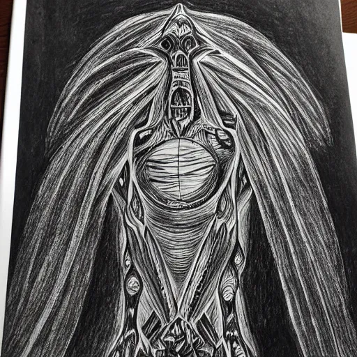 Prompt: a hand drawn pencil sketch of a cosmic monster black and white illustration