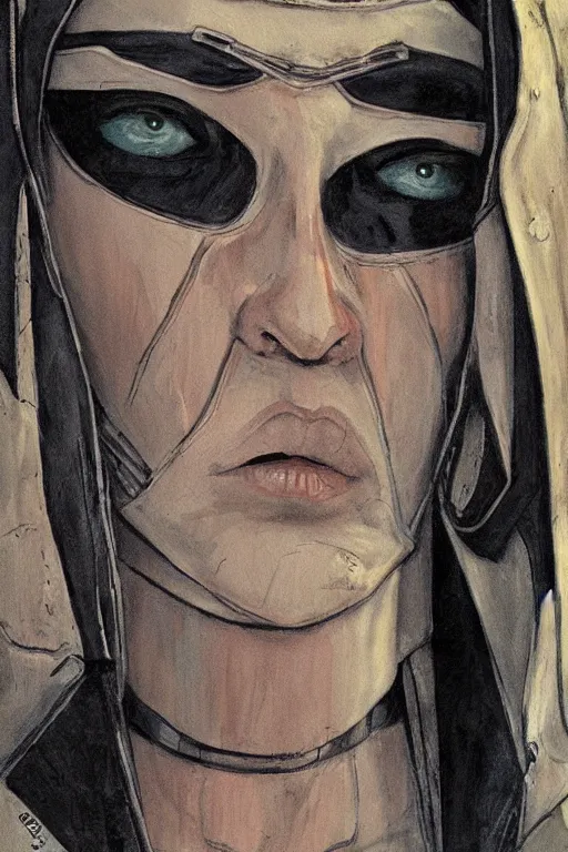 Image similar to portrait fashion model cyborg nun artwork by enki bilal