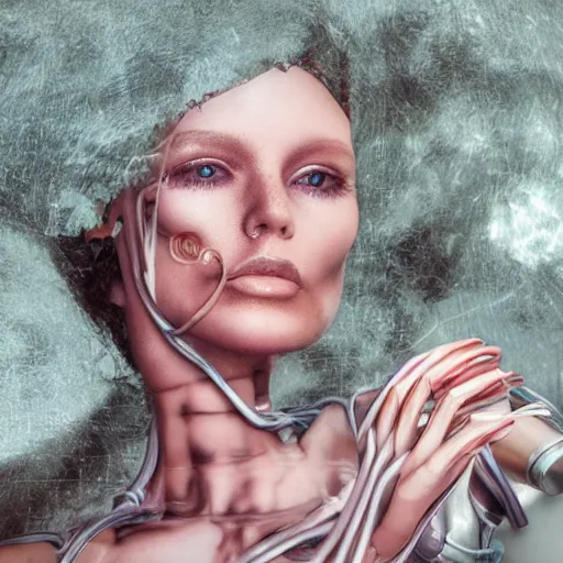 Image similar to photographic stil of beautiful model, a human robot woman, beautiful artificial body with artificial bones and artificial flesh, cables, tubes, westworld style, medium - shot, insanely detailed, photorealistic, beautiful soft light, octane render, by annie leibowtiz