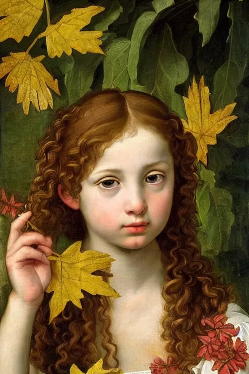 Image similar to renaissance painting of young girl in the garden, closeup, curly long hair, face closeup, emotions closeup, dressed in roman armour, the beautiful garden with maple leaves everywhere, ultra detailed, art by guido reni style, vincenzo catena style