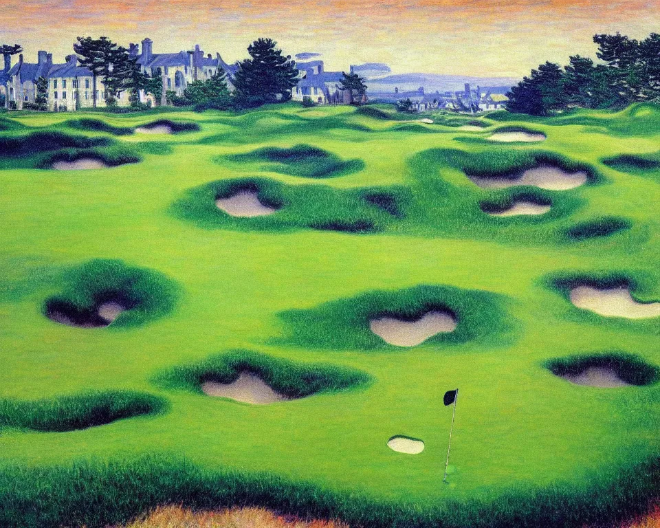 Prompt: achingly beautiful painting of bandon dunes golf course by rene magritte, monet, and turner.