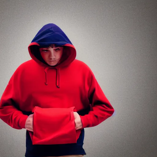 Prompt: man holding a red flow hood,