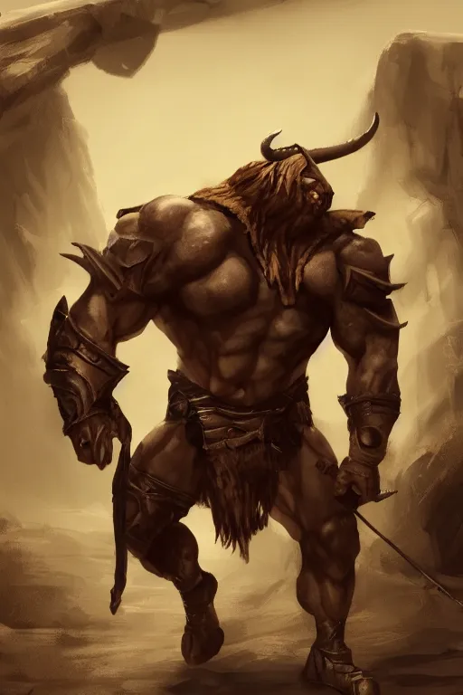 Image similar to anthropomorphic muscled bull warrior, Artstation