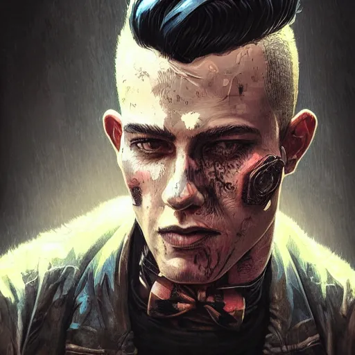 Prompt: character portrait of a retro punk man in a mohawk, shaved sides of head, dystopian cyberpunk steampunk soviet mood, intricate, wild, highly detailed, digital painting, artstation, upper body, concept art, smooth, sharp focus, illustration, art by artgerm and greg rutkowski and alphonse mucha