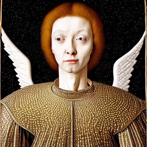 Image similar to highdetailed hyperrealistic painting of white angel!!! no gender!!!, giant ball of miracle light from the chest!!!!!, white sparkles everywhere, lot of fire and stars overhead!!!, by jan van eyck, holography space, glow effect, large strokes, soft and clean, white monochrome color