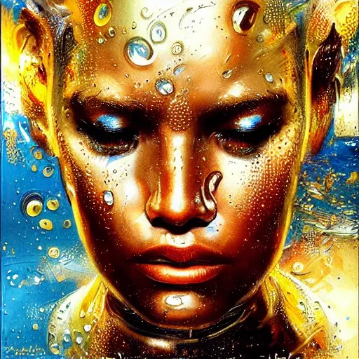 Image similar to an intricate, detailed face of an android, golden skin with water drops on it, dramatic lighting, masterpiece, John Berkey