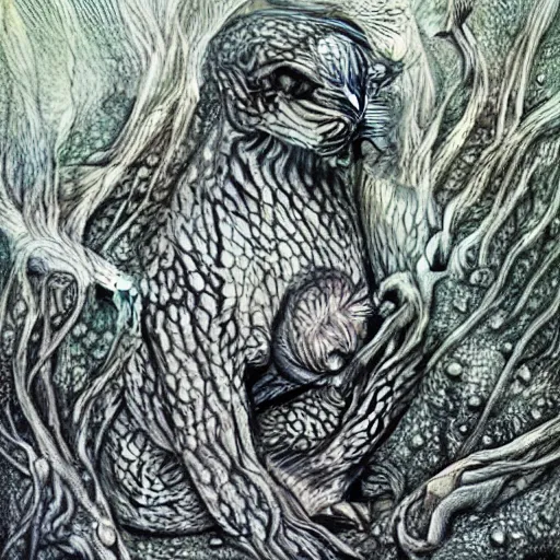 Image similar to surreal creatures drawn in ballpoint pen shading