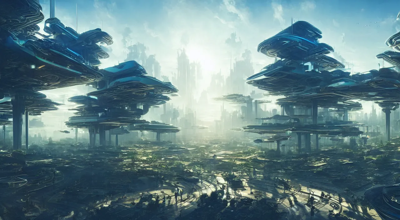 Image similar to futuristic solarpunk city with happy people and animals living in high - tech harmony with nature, late afternoon light, wispy clouds in a blue sky, unreal engine, intricate, highly detailed, elegant, trending on artstation, sharp focus, cinematic lighting, by frank lloyd wright and greg rutkowski and ruan jia