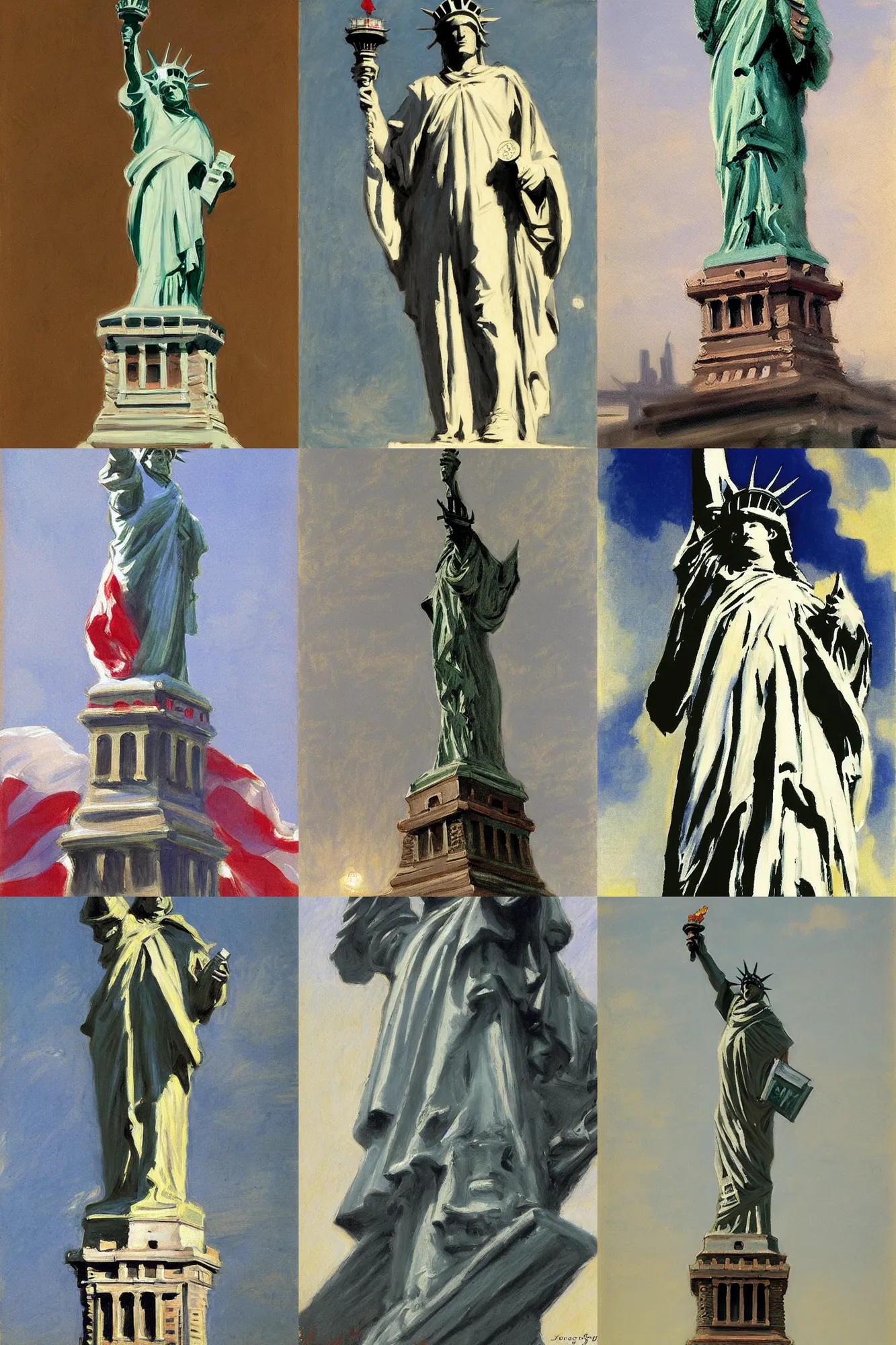 Prompt: evel knievel as the statue of liberty by john singer sargent, portrait