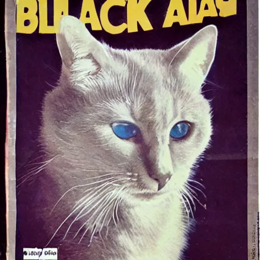Image similar to cover for a magazine called'the black cat ', high quality scan, 1 9 7 0