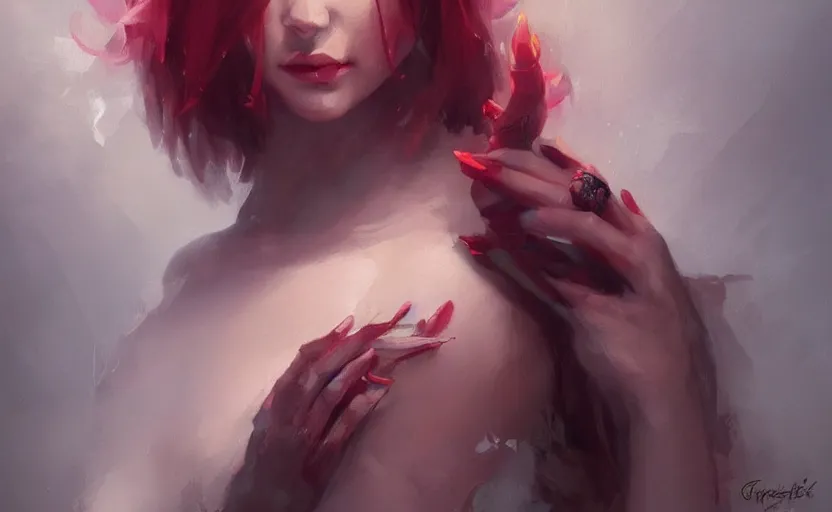 Prompt: a painting of jasmine trending on artstation in the style of greg rutkowski, beautiful, sensual, flower, portrait, adorable, alter, hell, demon