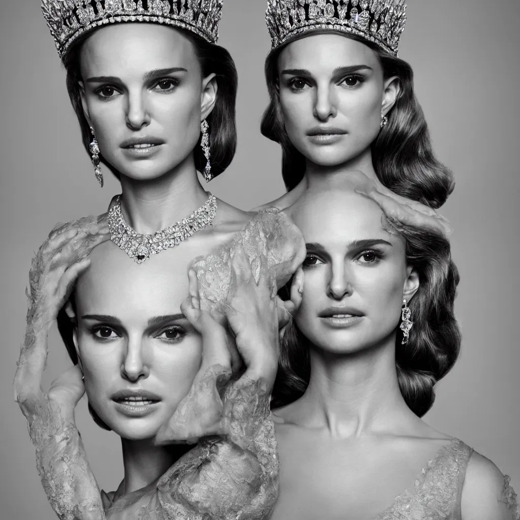 Image similar to natalie portman as the queen of england, big crown adorned with emerald, diamonds, topaz and other jewellaries, sensual, beautiful soft light failling on her face, zoomed out, studio photography, nikon 3 5 mm portrait photography, ultra realistic