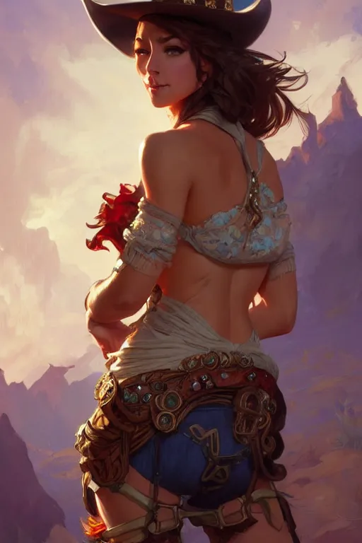 Image similar to beautiful female cowgirl, full body shot, d & d, fantasy, intricate, elegant, highly detailed, digital painting, artstation, concept art, matte, sharp focus, illustration, hearthstone, art by artgerm and greg rutkowski and alphonse mucha