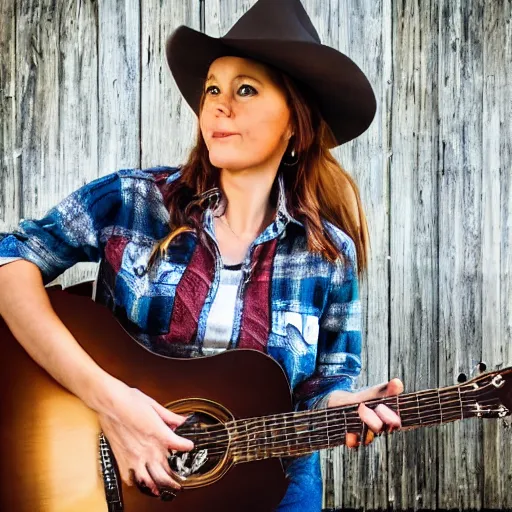 Image similar to a female fox animal, wearing cowboy hat, wearing plaid shirt, playing guitar, inside a barn, album cover style