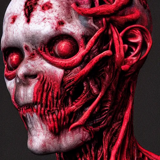 Prompt: octane render of a body horror humanoid, sharp dark shadows, black and red color palette by trevor henderson and junji ito