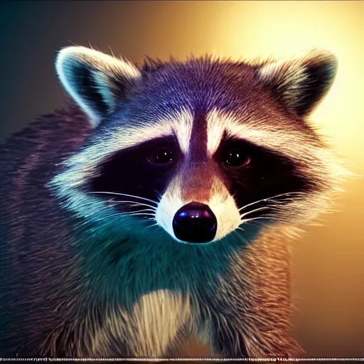 Image similar to a hyperrealistic octane render of a raccoon with a dslr camera for an eye, photorealism, unreal engine, dramatic lighting, volumetric lighting, uplighting
