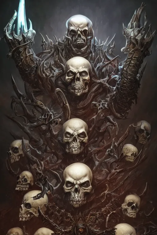 Image similar to death lord stand on skulls, highly detailed, d & d, fantasy, highly detailed, digital painting, trending on artstation, concept art, sharp focus, illustration, global illumination, ray tracing, realistic shaded, art by artgerm and greg rutkowski and fuji choko and viktoria gavrilenko and hoang lap,