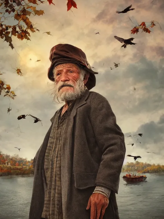 Prompt: realistic renderings portrait of very old fisher man portrait with a hat, wearing a fisher 🧥, coloured wears, ( ( ( ( ( a bird in the sky ) ) ) ) ) port scene background, astonishing scenes, detailed, photorealism, volumetric lighting, autumn lights colors, ultra detailed