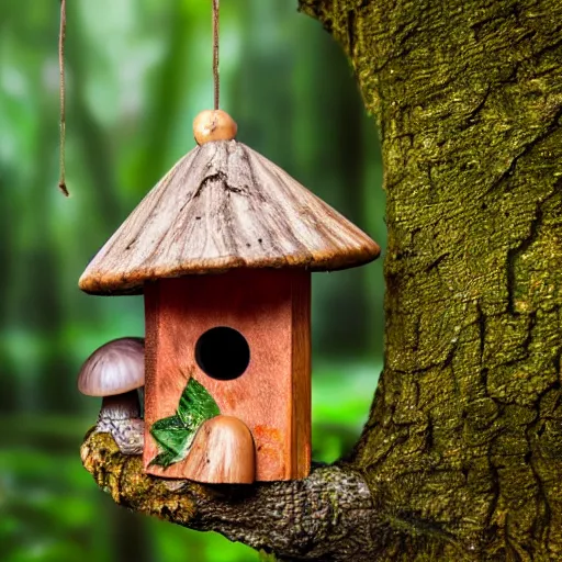 Prompt: wooden birdhouse in a tree in the rain forest, mushrooms and leaves on the birdhouse, backlit, realistic